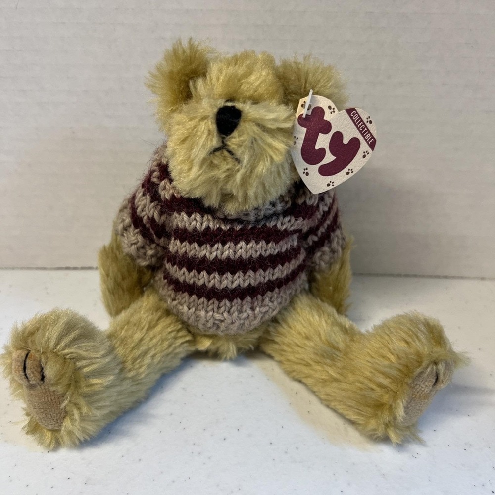 TY Attic Bear CHELSEA Tan Knit Sweater Maroon Jointed 8" Vtg 1993 Plush Stuffed